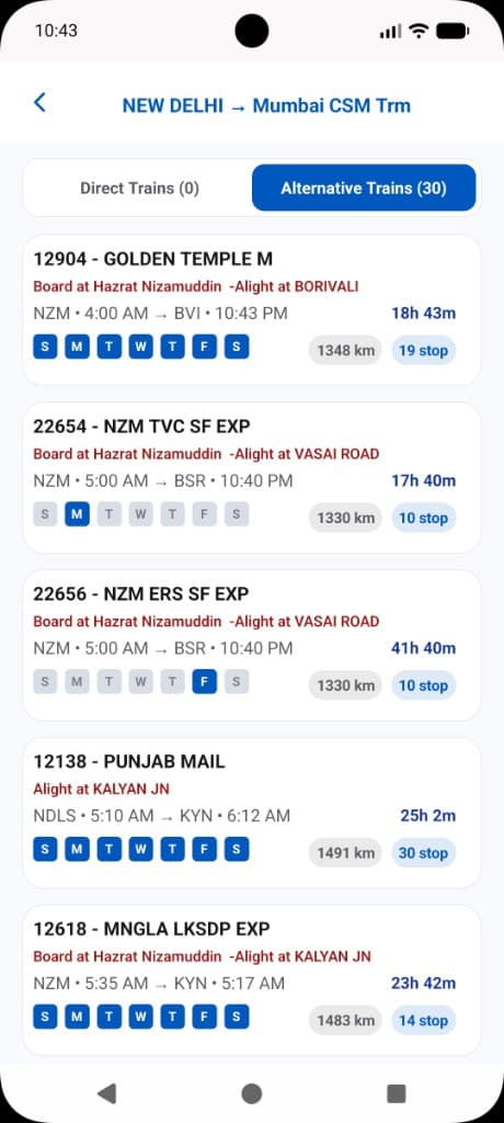 Train Dekho alternative trains screen – connecting routes when no direct train is available