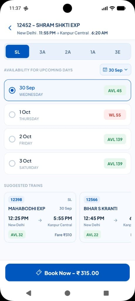 Suggested alternative trains with seat availability and Book Now