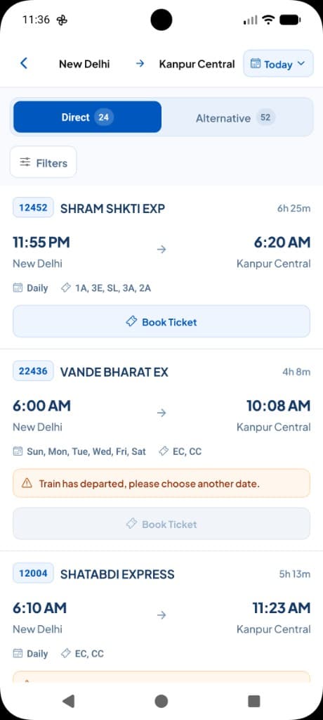 Train Dekho booking results with Direct and Alternative trains between New Delhi and Kanpur