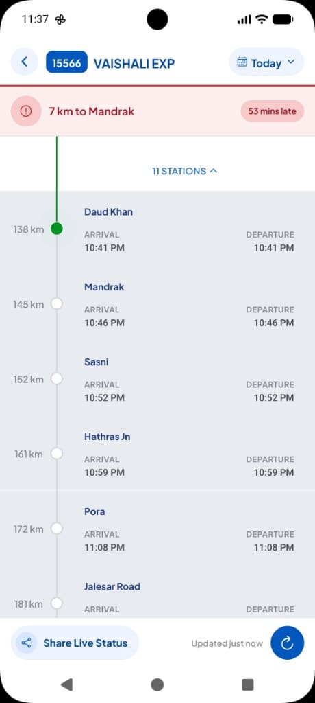 Live running status timeline with delay, upcoming stations, and Share Live Status
