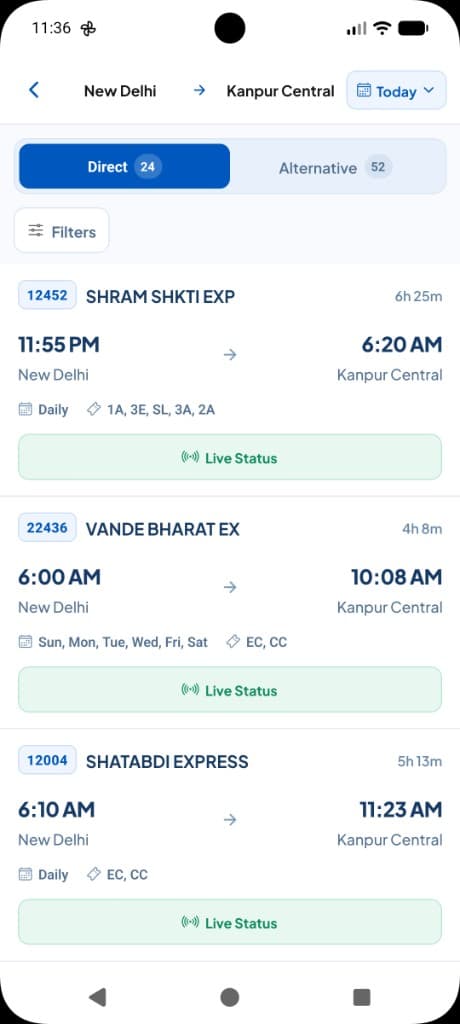 Direct and alternative trains from New Delhi to Kanpur with Live Status