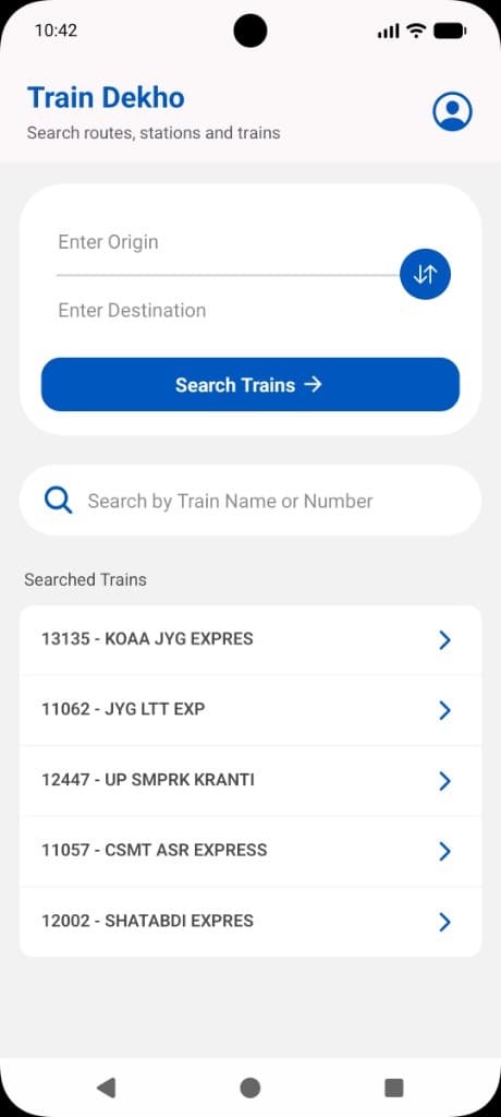 Train Dekho home screen – search trains by route or number