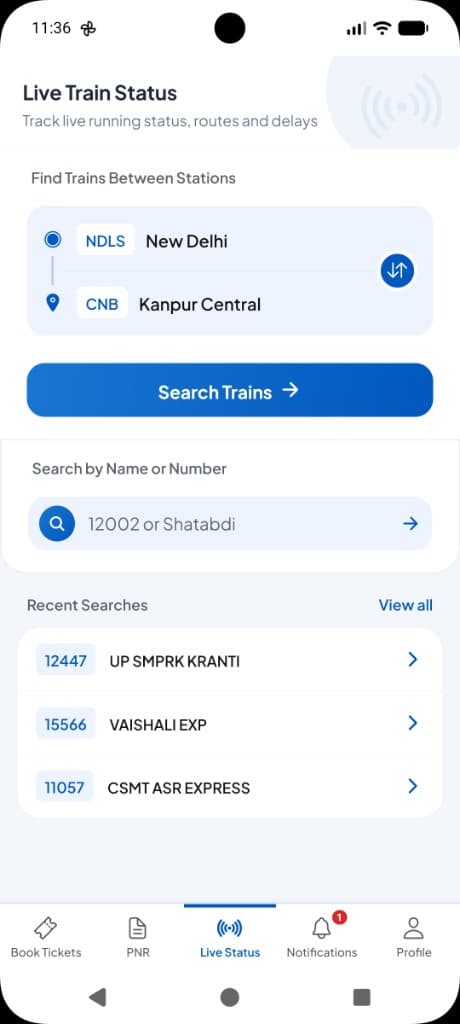 Train Dekho live train status home — search by route or train number